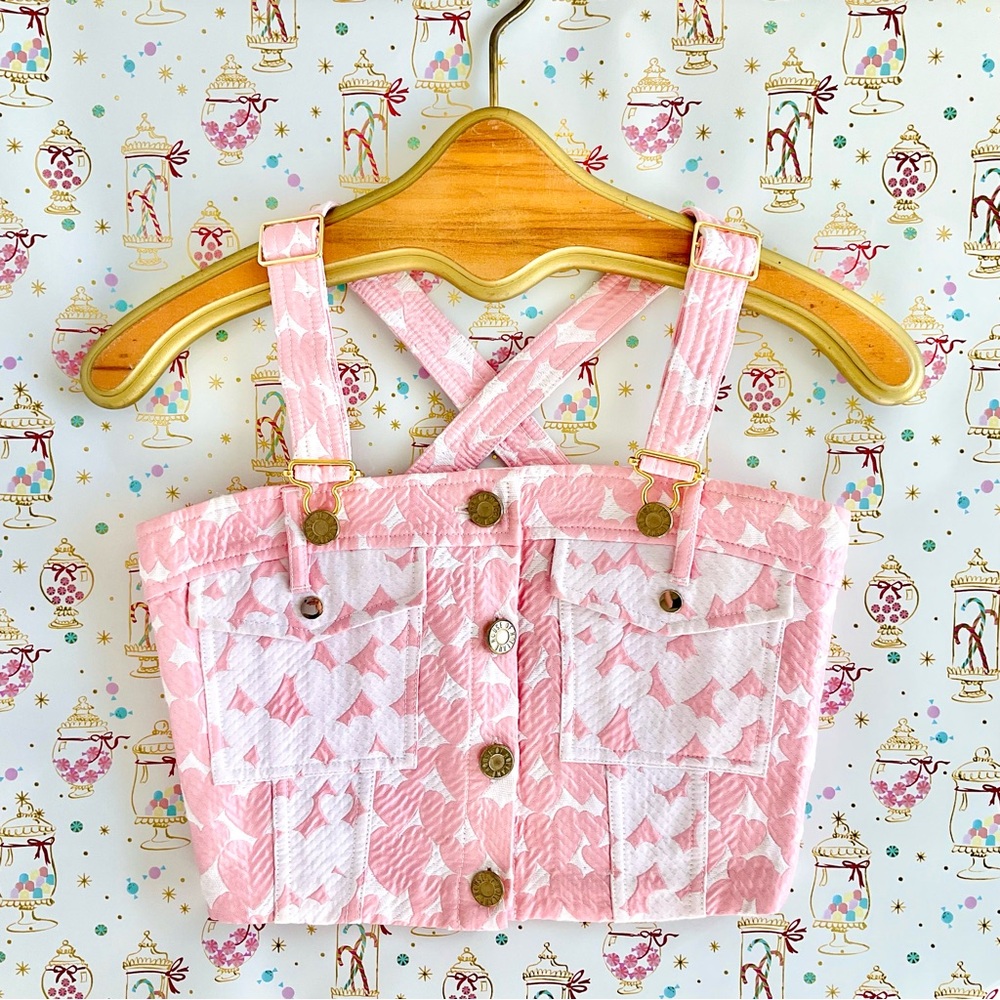 House of Holland ❉ Heart Print Dungaree Overall Jacquard Crop Top Size 4 XS S